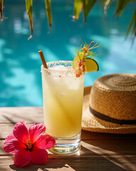 Refreshing tropical drink by the pool with lime and hibiscus flower in summer sunlight