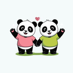 Two cute cartoon pandas holding hands wearing pink and green t shirts with a pink heart above illustration.