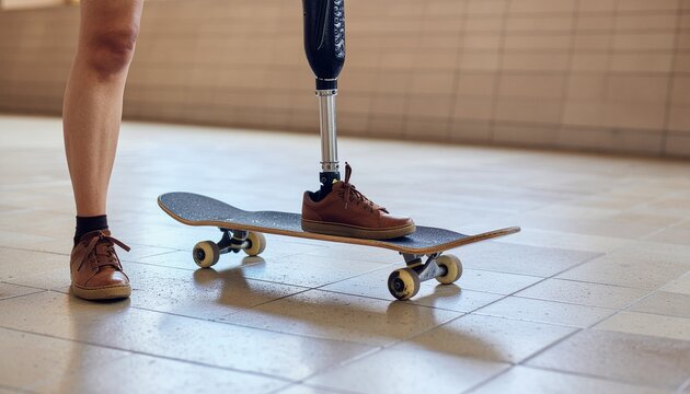 Person with Prosthetic Leg on Skateboard Brown Shoes.