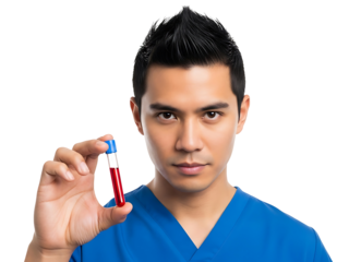 Male Asian Doctor Holding Blood Sample Vial for Medical Laboratory Testing and Health Analysis