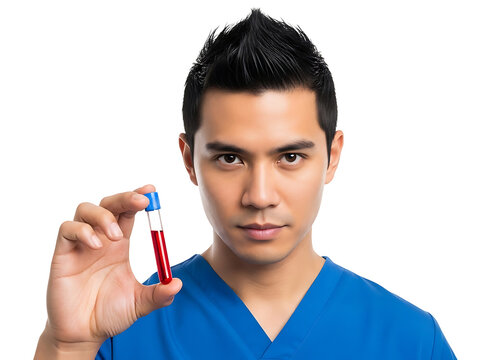 Male Asian Doctor Holding Blood Sample Vial for Medical Laboratory Testing and Health Analysis - Powered by Adobe