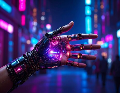 Human hand merging with glowing robotic parts against city lights