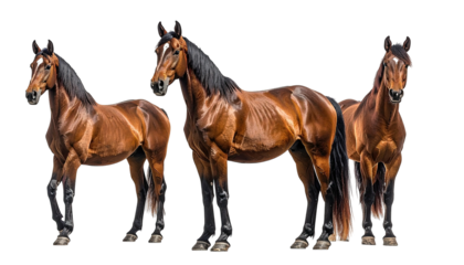 Three brown horses, black mane/tails, isolated against black