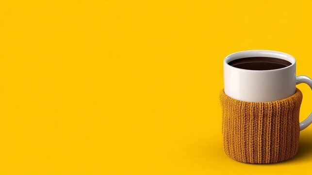 Warm coffee in a cozy cup against a vibrant yellow background.
