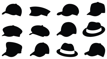 Fototapeta premium Black Hat Silhouette Set – fashion headwear icons, classic and modern hat shapes vector