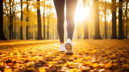 A woman in sportswear walks through a forest in autumn, the sun shining through the trees, creating a warm and inviting atmosphere for outdoor activity