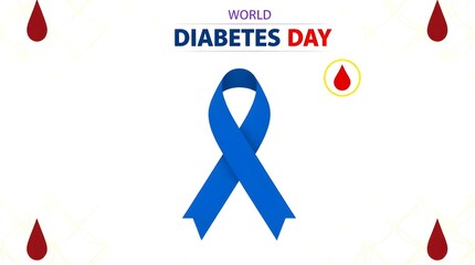 World diabetes day awareness illustration with blue ribbon and blood drops isolated on white background, symbolizing support for diabetes prevention and treatment