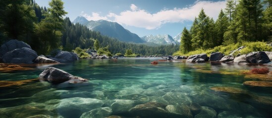 photorealistic, serene alpine lake, crystal clear turquoise water, rocky shoreline, lush evergreen forest, majestic snow-capped mountains in the background, vibrant colors, detailed textures, natural