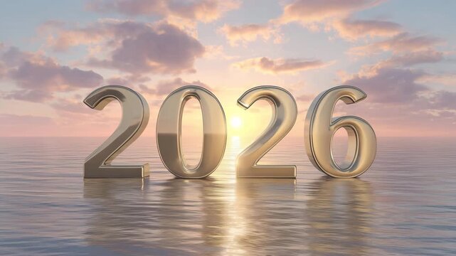 海上の朝日に輝く金属調の「2026」を上空に配置した穏やかな情景