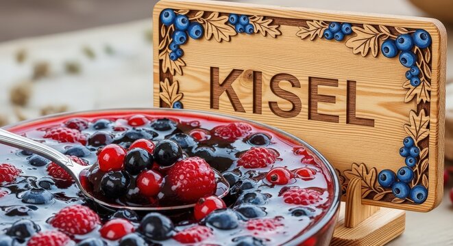 Bowl of Kisel with Whole Berries &ndash; Authentic Slavic Drink Dessert with Hand-Carved Pine Wood Sign, Blueberry Cluster & Forest Leaf Motifs, Refreshing Summer Vibes