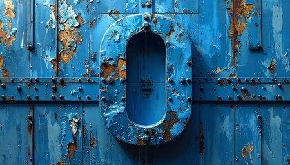 An aged blue metal surface with a large, distressed, zero shape