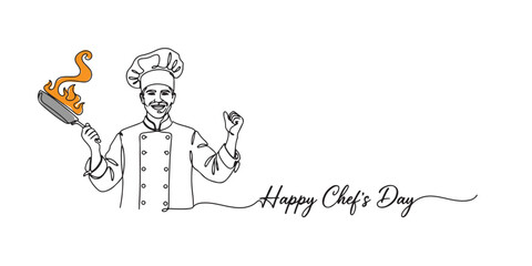 Minimalist line art of a smiling chef holding a flaming frying pan, wearing a traditional chef’s hat and coat. Includes the text “Happy Chef’s Day.” ,culinary celebration graphics, food festival.