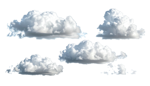 Four fluffy cumulus clouds isolated against a black background