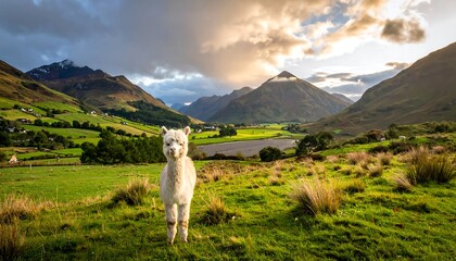 An alpaca stands on green grass, mountains in background, under a sunset sky