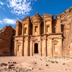 An ancient, carved facade of a temple set in a desert landscape