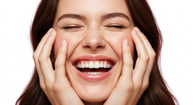 Happy woman laughing with hands on cheeks, closeup portrait isolated on transparent background