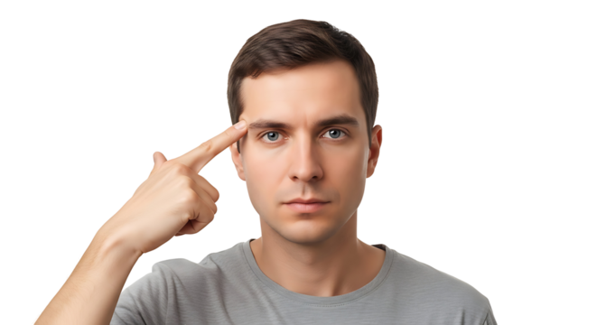 Thoughtful Young Man Pointing Temple Expressing Deep Thinking and Intelligence