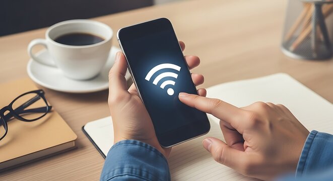 Checking wifi connection on smartphone at desk with coffee and notebook