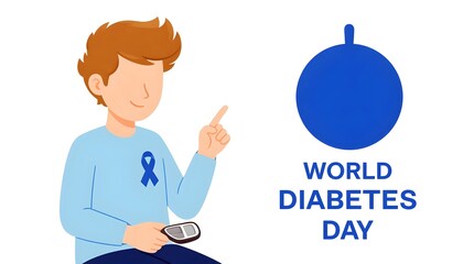 A cheerful boy with a blue ribbon on his shirt points to a blue circle with the words world diabetes day isolated on white background the boy is holding a device