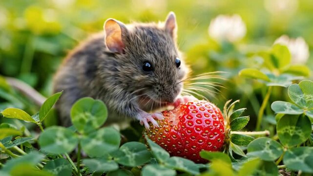A small brown mouse nibbling on a fresh red strawberry in a vibrant green clover patch on a sunny day.