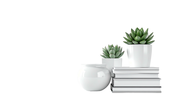Two succulents, books, and vase, white on black, centered right
