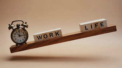 Striving for work life balance shown with clock and wooden blocks, making time for happiness and career success, a modern time management video - Powered by Adobe
