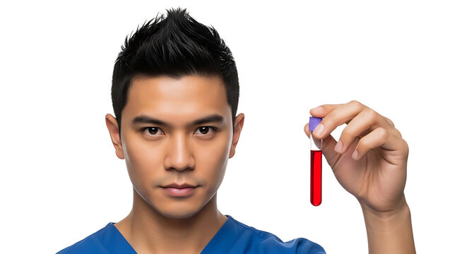 Asian Doctor Holding Blood Sample Tube for Medical Analysis Professional Healthcare Research