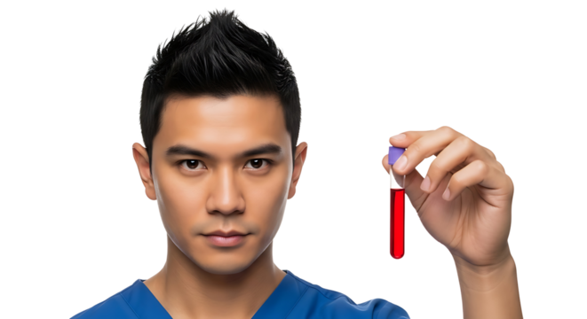 Asian Doctor Holding Blood Sample Tube for Medical Analysis Professional Healthcare Research