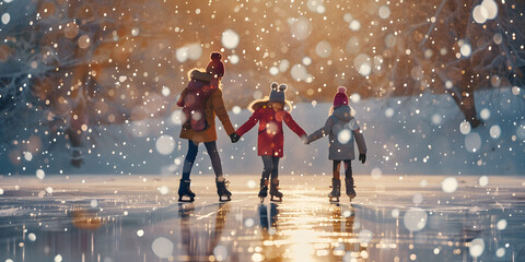 Three children, dressed in winter attire, ice skate hand in hand across a frozen lake, with falling snow creating a magical, blurred effect as the sun sets in the background