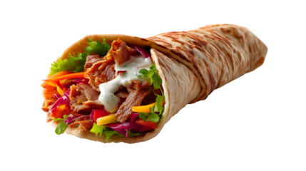 Deliciously prepared chicken shawarma wrap filled with fresh vegetables and creamy sauce isolated on transparent background