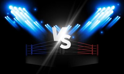 Versus Screen For Fight of sport and game, Battle Or Sport. Boxing ring arena and spotlight floodlights VS bright stadium lights Background Concept vector design