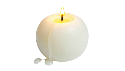 Spherical candle burning, wax dripping down, on black background