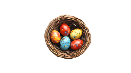 A rustic woven bird s nest holding five vibrantly colored painted easter eggs isolated on transparent background