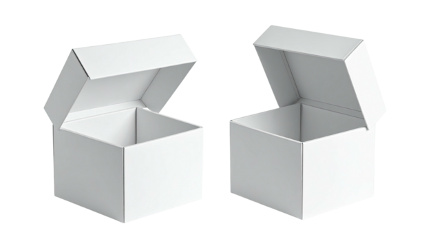 Two white, square boxes, lids ajar, on a seamless black background