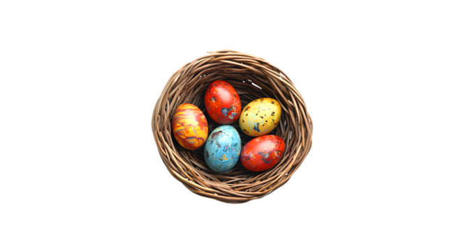 A rustic woven bird s nest holding five vibrantly colored painted easter eggs isolated on transparent background - Powered by Adobe
