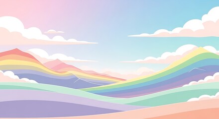 Obraz premium Pastel landscape with rainbow hills and fluffy clouds dreamy vector art