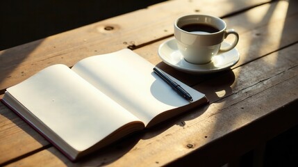 A sunlit wooden table holds an open notebook, a pen resting invitingly on its blank pages, accompanied by a steaming cup of coffee, ready for a moment of quiet contemplation and creative inspiration.