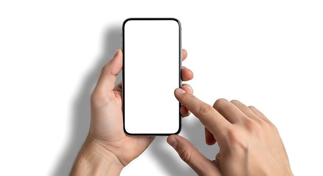 Person holding smartphone with a blank screen against white background