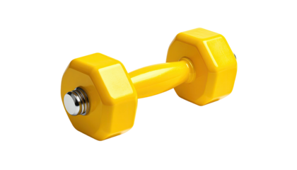 Isolated, bright yellow dumbbell rests on a black background