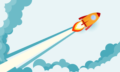 shoots rockets into the sky in modern line art style. Winter blue background with falling snow and firework.