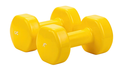 Pair of yellow dumbbells, weights for arm exercise on black