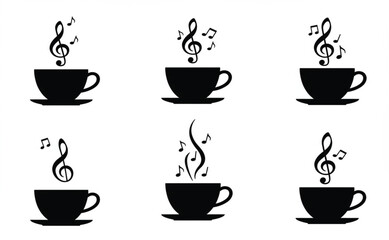 Black coffee cup vector illustration with musical notes and steam art, creative beverage design, cafe melody concept, artistic black and white silhouette