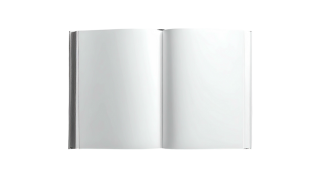 Open book reveals two blank, crisp white pages on a black background