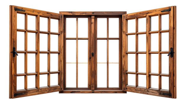 Rustic wooden window with grid panes, open against black