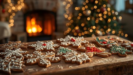 Festive christmas gingerbread cookies with christmas tree in warm cozy setting