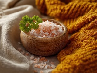 Elegant Himalayan pink salt with parsley garnish in a wooden bowl against a warm, textured backdrop for a serene and luxurious kitchen or spa aesthetic