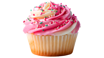 Delicious frosted cupcake with pink and white icing and colorful sprinkles isolated on transparent background
