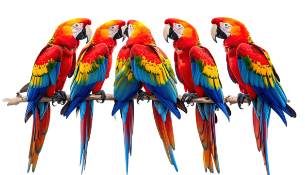 Vibrant scarlet macaws perched on branch, against dark background