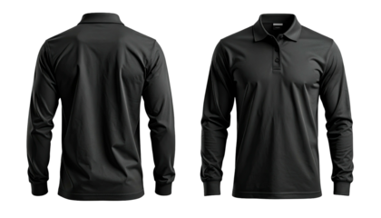 Black long-sleeve polo shirt, front and back, on a black background