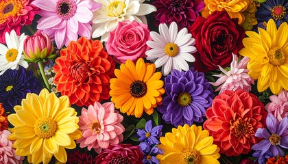 A vibrant, close-up photograph showcasing a lush and diverse collection of colorful flowers against a dark background